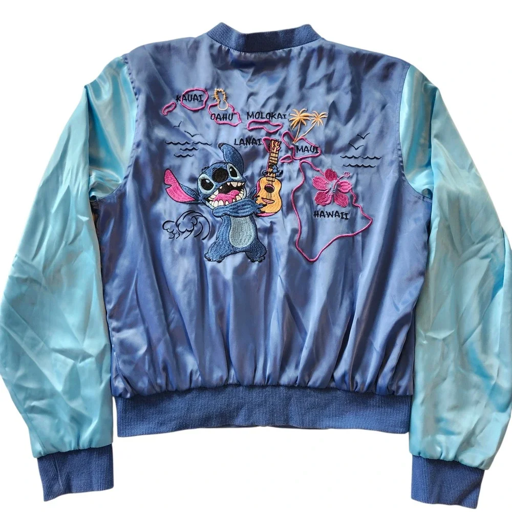 Disney Lilo & Stitch Blue Satin Bomber Jacket Hawaii Embroidered Zip Up Kids Med